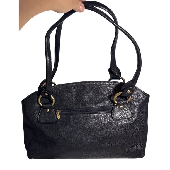 Danier Purse Black Pebbled Leather Double Straps Gold Hardware Zip Snap 14 x9.5" - Picture 2 of 16